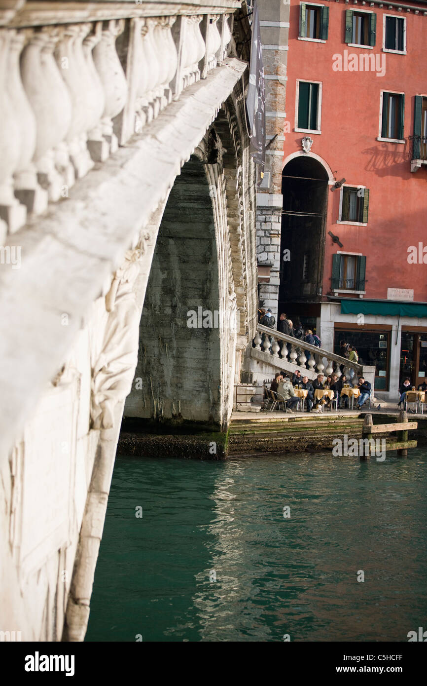 People enjoying café life, Rialto Bridge, Grand Canal, Venice, Italy Stock Photo