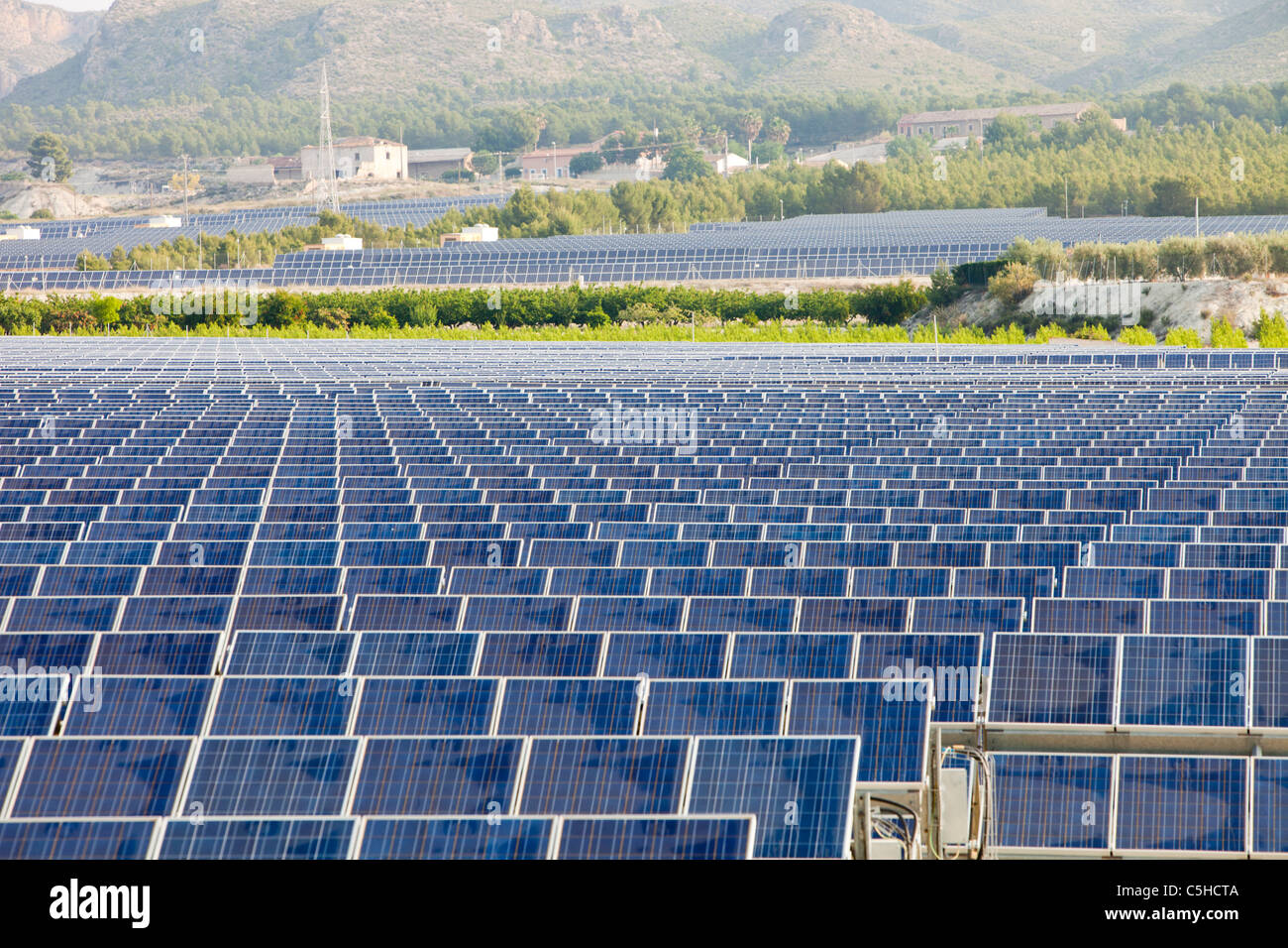 A photo voltaic solar power station near Calasparra, Murcia, Spain at dawn. Stock Photo