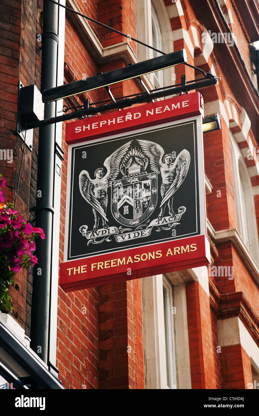 The sign for the Shepherd Neame pub, the Freemasons Arms, Covent Garden, London UK Stock Photo