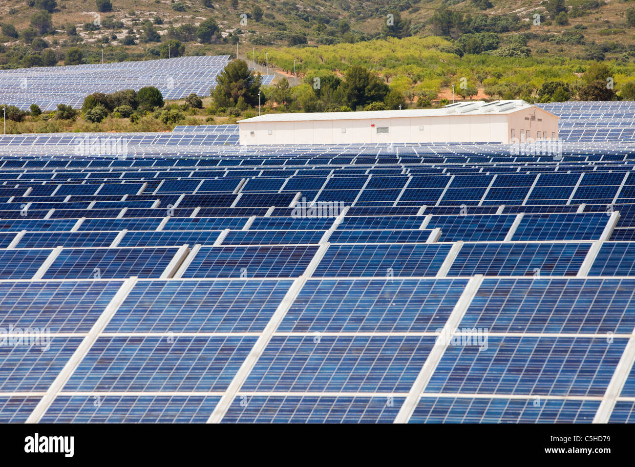 Photovoltaic panels at Beneixama solar power station, Beneixama, Mercia, Spain. Stock Photo