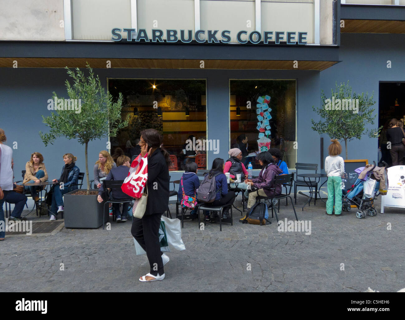 Paris, Cafe, France, Crowd of People on Terrace Outside Front, Starbuck's Coffee Shop in the Les