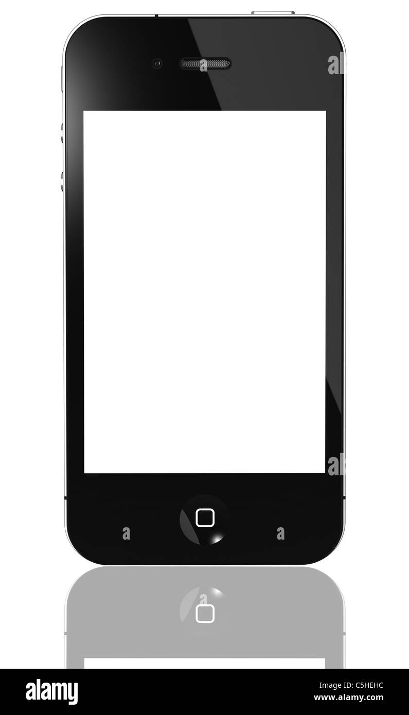 Front view photo of a black iPhone 4th generation isolated on a white background on a reflective surface. Stock Photo