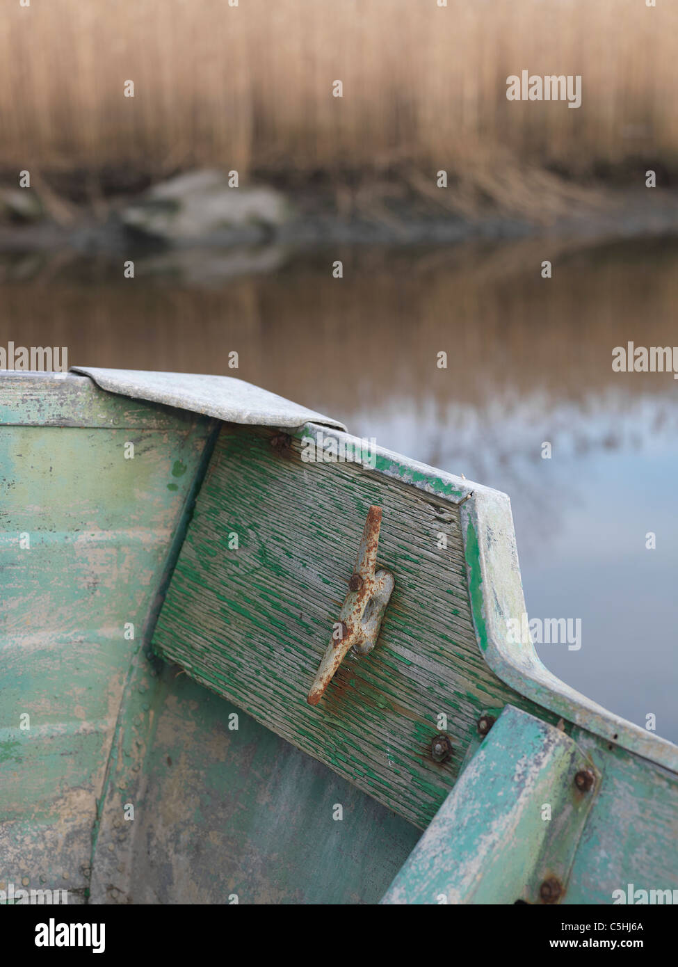 old, patina, flaking, paint, green, blue, rivets, boat, rowing, aluminum, edge, rear, rust, age