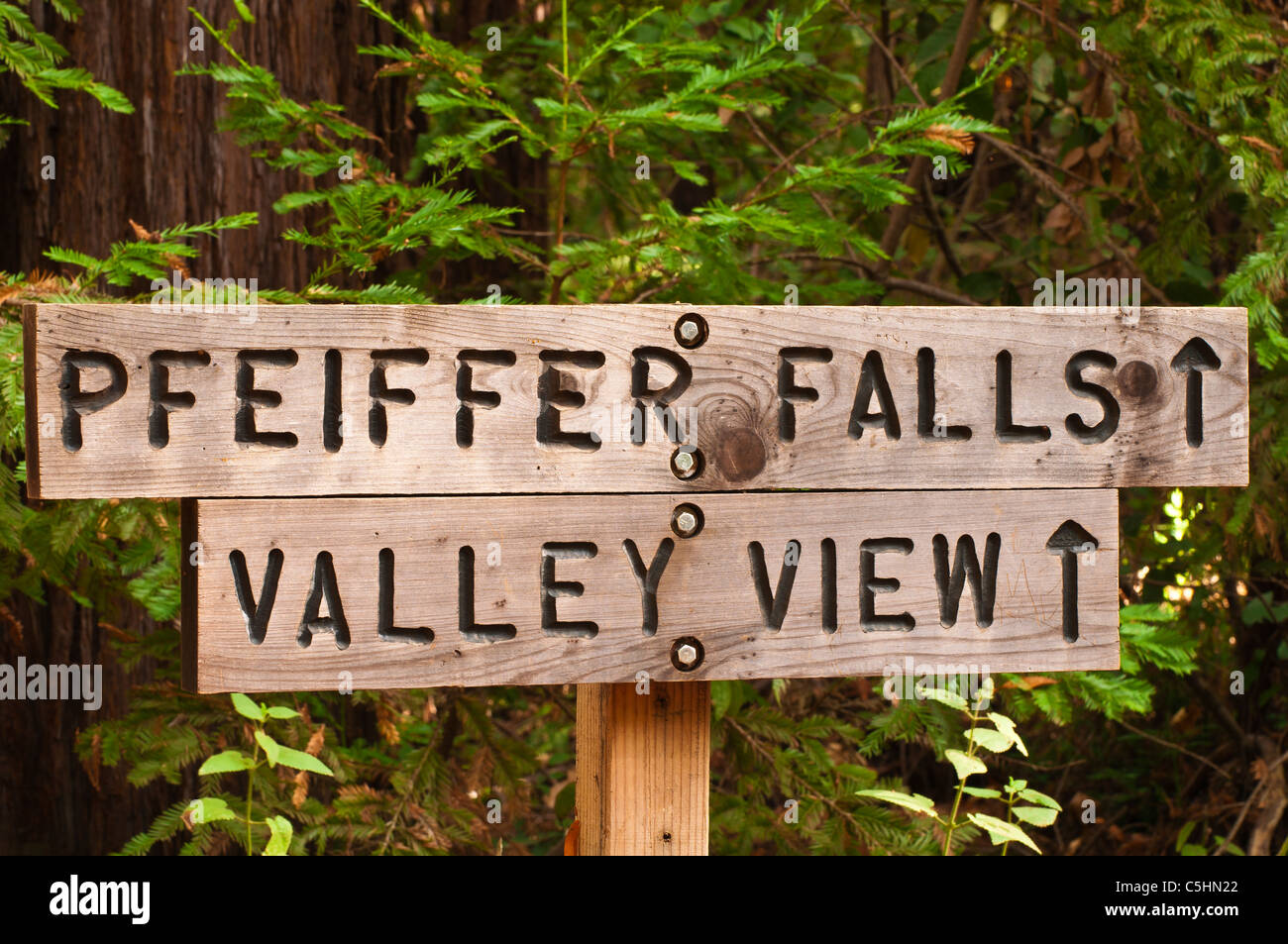 Pfeiffer Falls sign, Pfeiffer Big Sur State Park, Big Sur, California Stock Photo