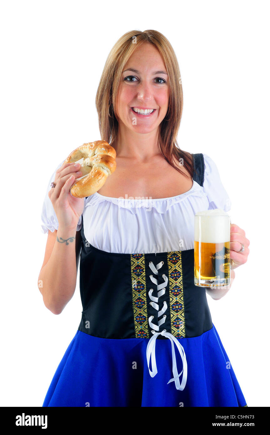 Beautiful Woman Wearing A Traditional Blue Dirndl Costume For Oktoberfest  Celebrations Eating A Pretzel And Holding A Beer Stein Stock Photo - Alamy