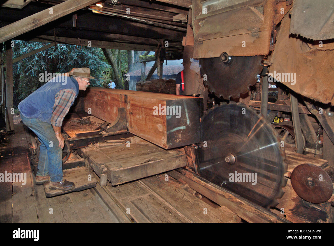 A saw mill worker is beginning the first cut of the trimmed redwood log at an antique saw mill in Occidental California Stock Photo