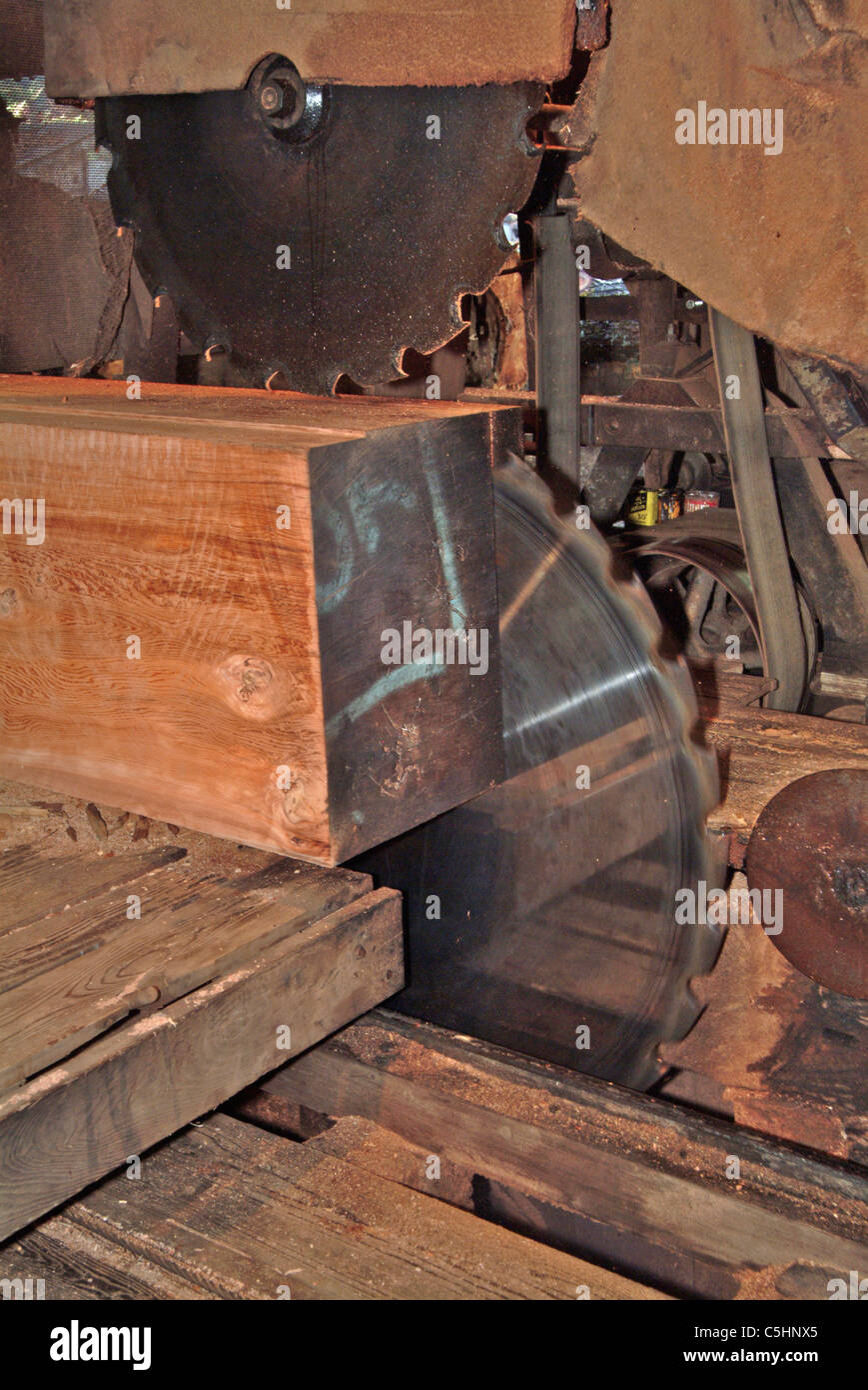 The lower circular saw blade cuts into the trimmed redwood log for the first cut at an antique saw mill in Occidental California Stock Photo