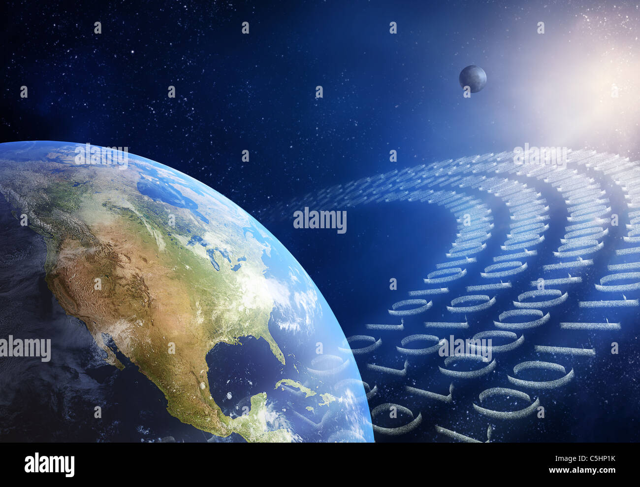 Global communication / data transmission - binary code made from tiny particles ( 3D uv maps from http://visibleearth.nasa.gov ) Stock Photo