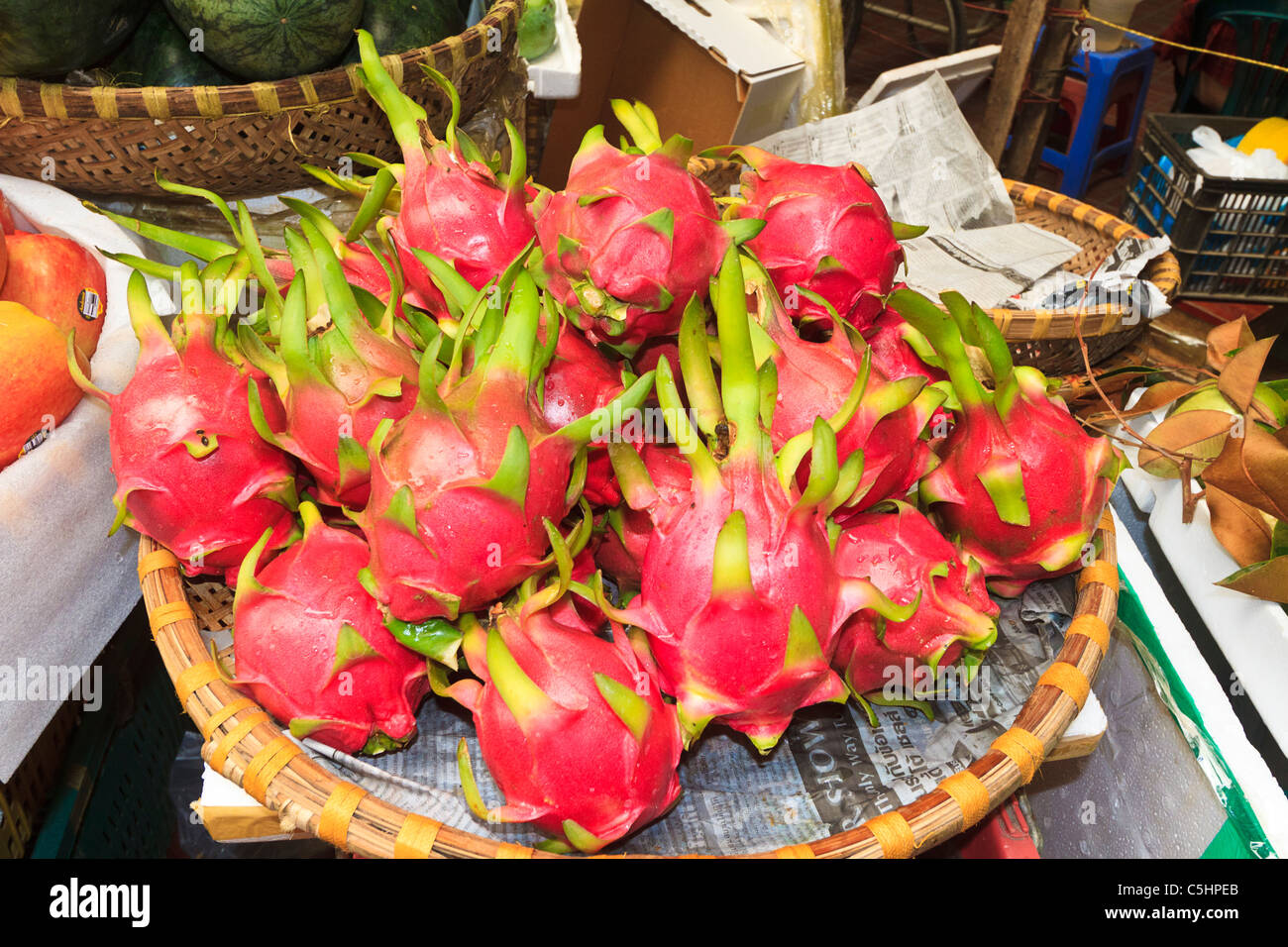 Dragon fruit for sale in Hom Market, historic Old Quarter of Hanoi