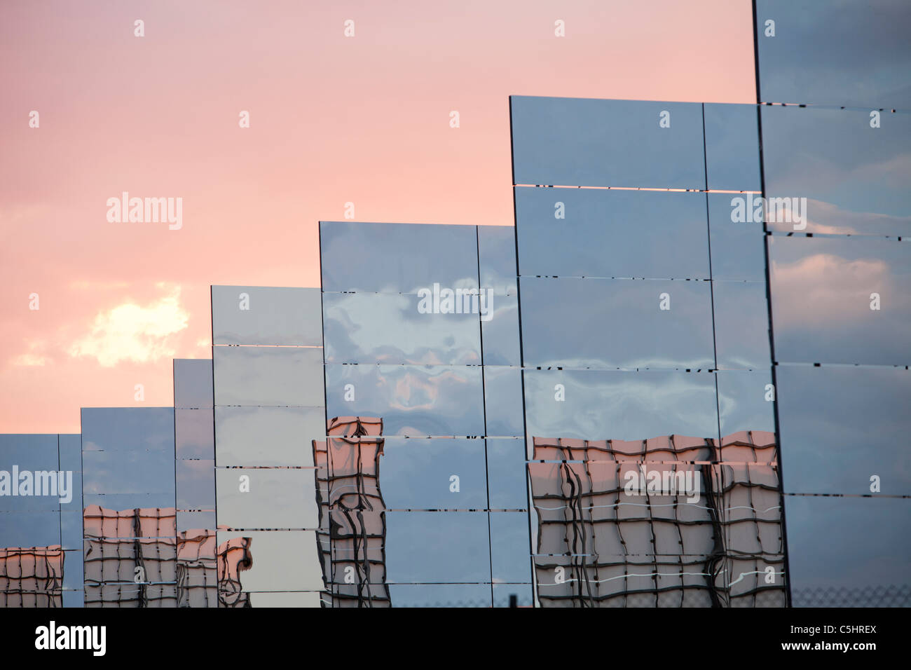 Heliostats, large reflective mirrors directing sunlight to the PS20 solar thermal tower, the