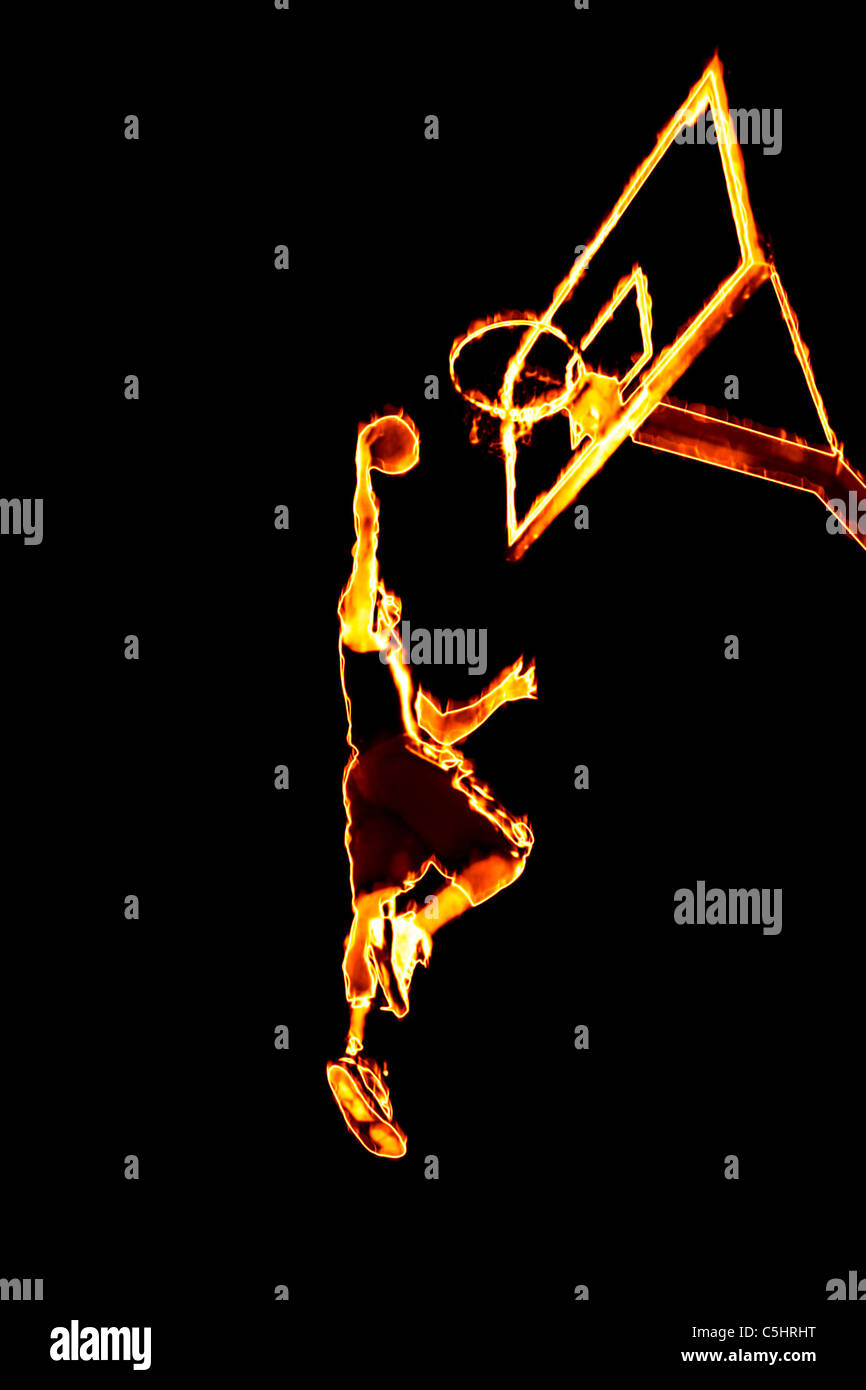 Abstract illustration of a fiery burning basketball player going up for a slam dunk. Stock Photo