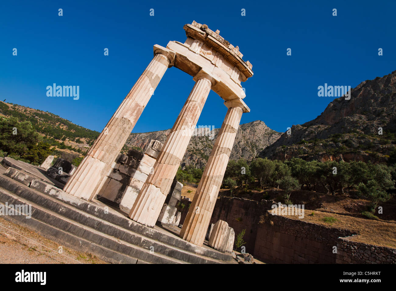 antique columns at Delphi ruins. The most famous pillars at at Delphi