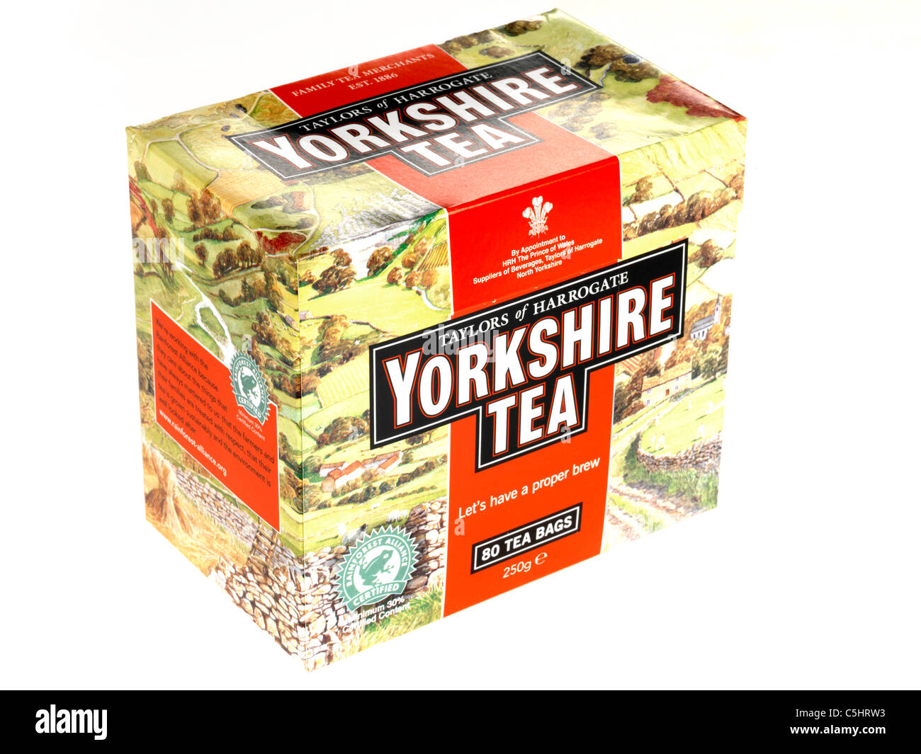 Branded Carton Of Yorkshire Tea Bags Isolated Against A White Background With A Clipping Path And No People Stock Photo