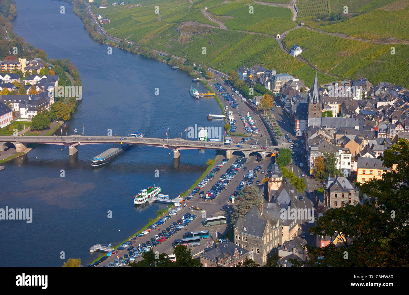 Blick auf die Moselbruecke, Bernkastel-Kues, Mosel, View over the Moselle bridge and Bernkastel-Kues Stock Photo