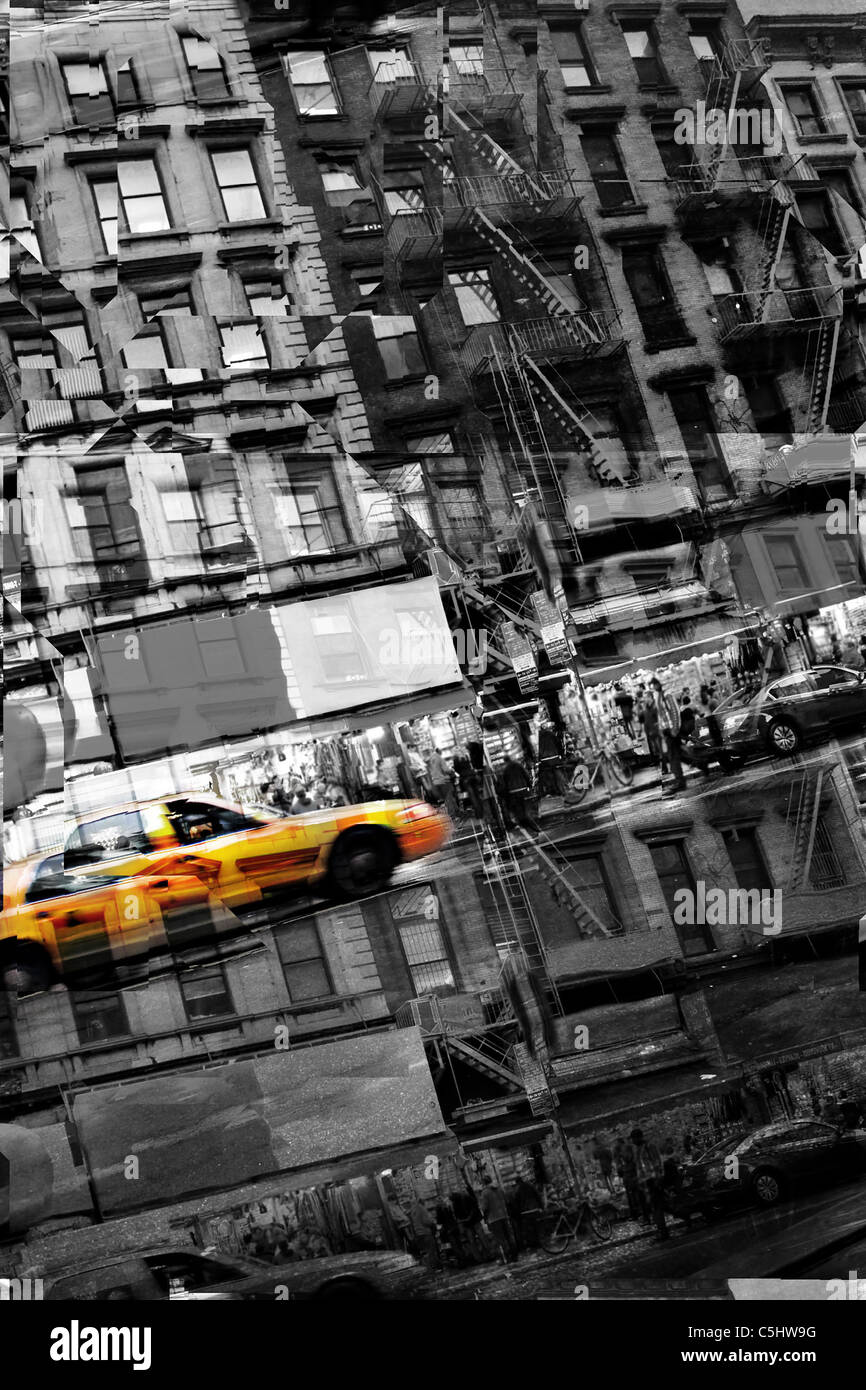 Abstract montage of city life with a yellow taxi cab in selective color. Stock Photo