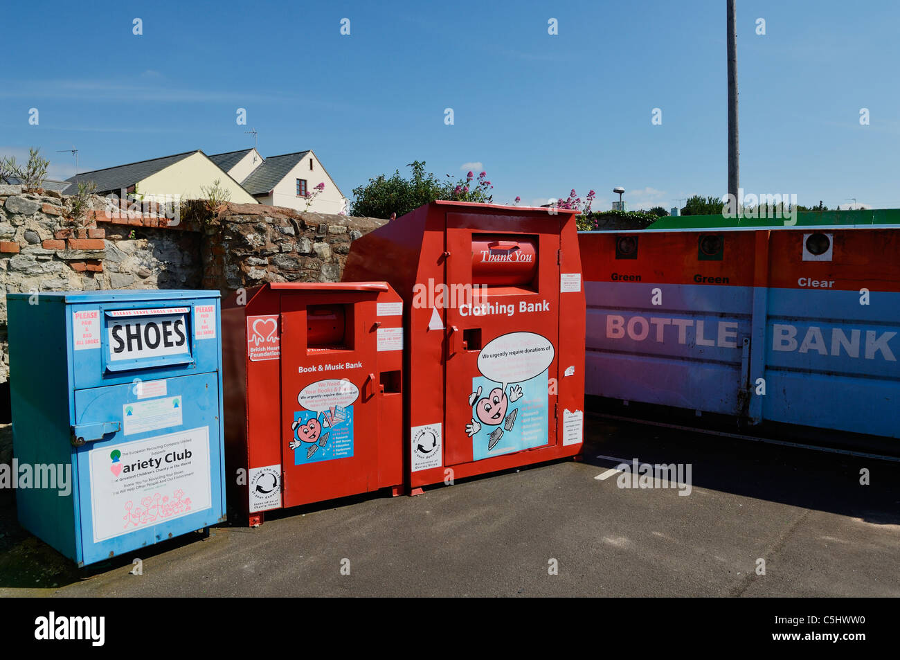 Recycling bins in a car park at Watchet, Somerset, England Stock Photo