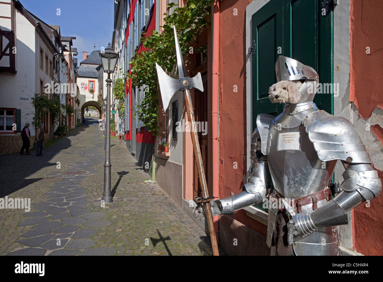 Hund, Plueschtier, schaut aus Ritterruestung, Gasse, Bernkastel-Kues, Artificial dog looks out from a knight's armor, alley Stock Photo