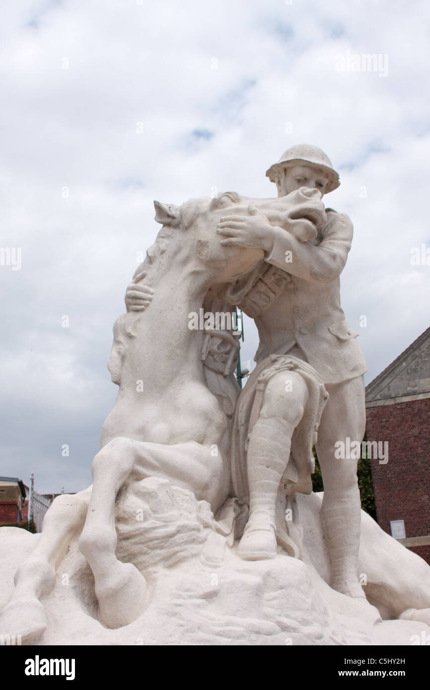 Statue of a British World War One Artilleryman comforting his dying