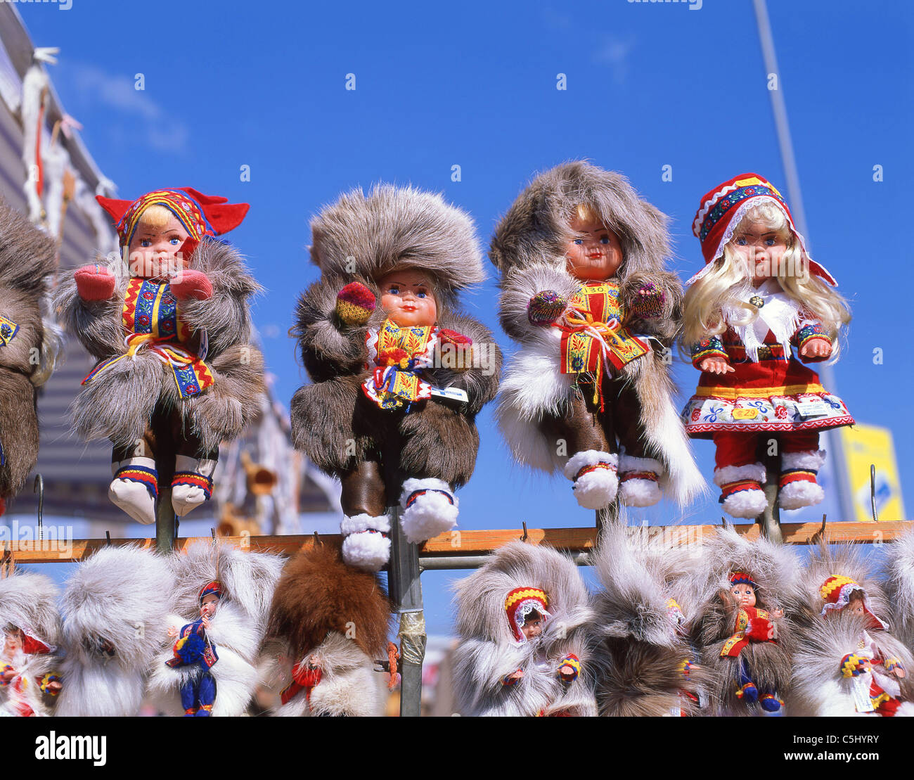 Finnish souvenir dolls in outdoor market, Kauppatori Market Square, Helsinki, Uusimaa Region, Republic of Finland Stock Photo