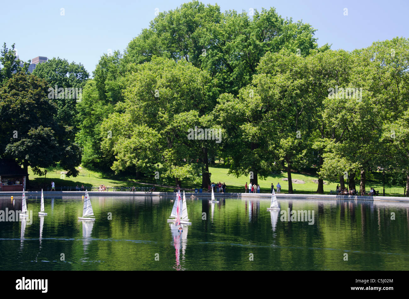 New York, New York City, Central Park. Remote control toy sail boats on