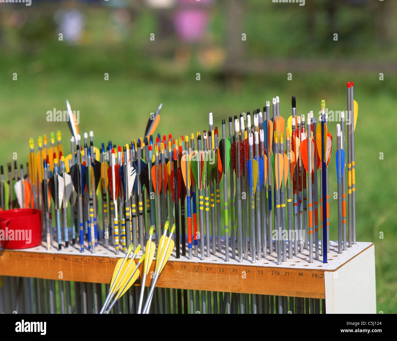 Collection of arrows at Archery target shooting competition, Crowthorne
