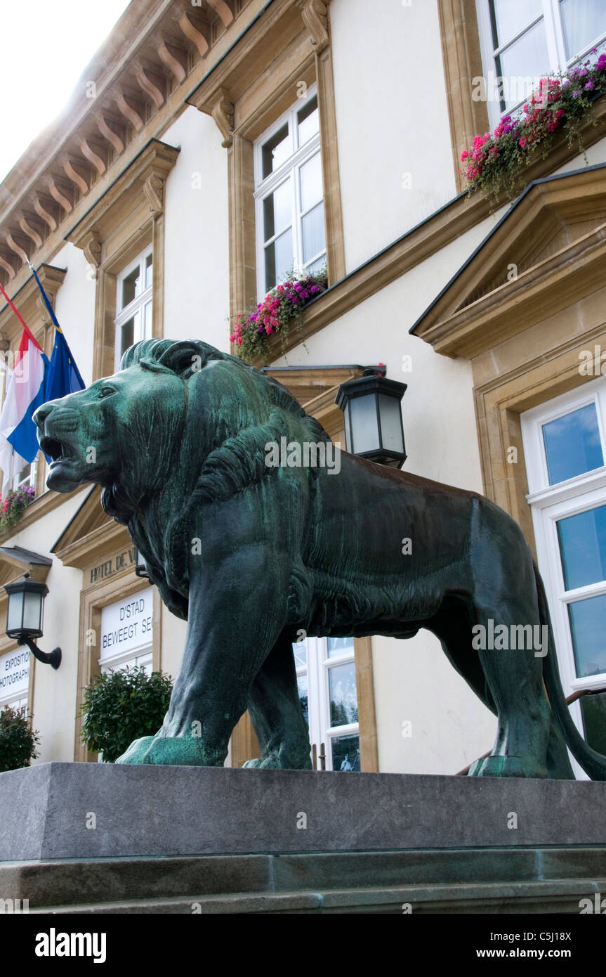 lion statue Hotel de Ville on Place Guillaume II Luxembourg Stock Photo