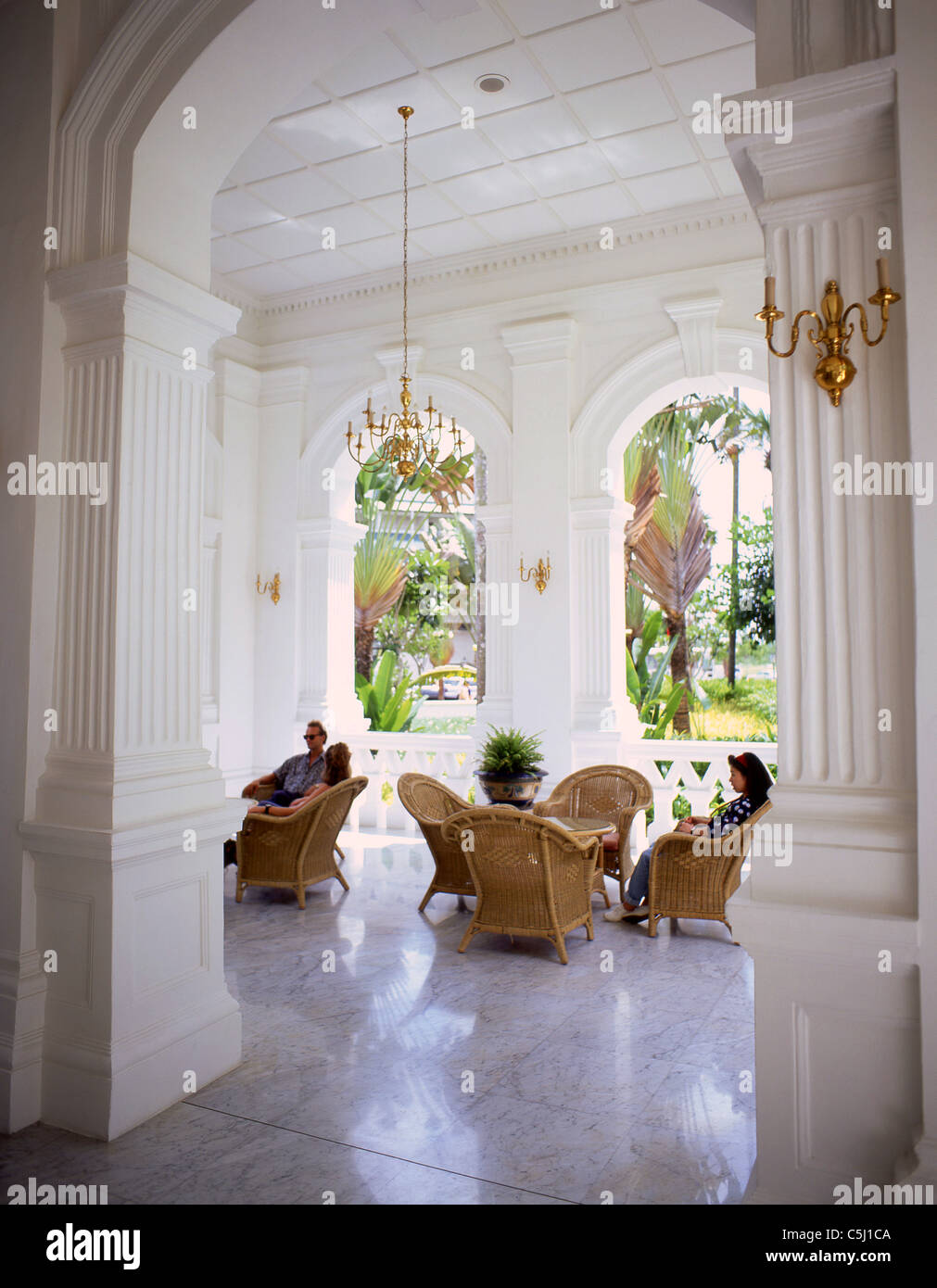 Garden terrace at Raffles Hotel, Beach Road, Civic District, Central Area, Singapore Stock Photo