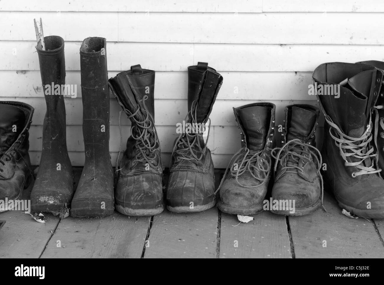 Farm boots on front porch of Woodard Farm, Waterbury Center, Vermont ...