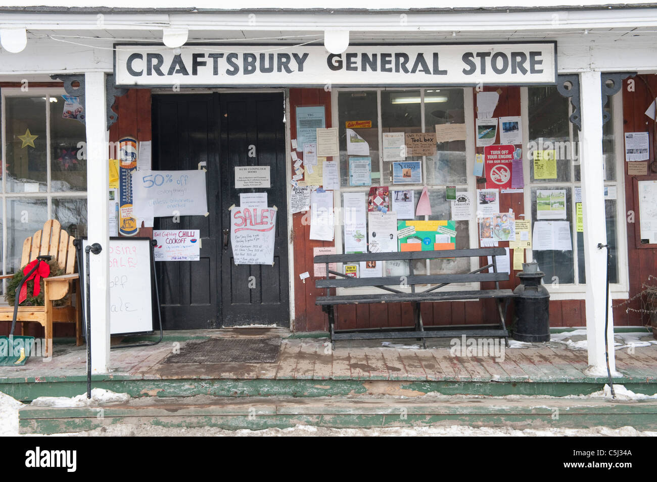 Craftsbury General Store front covered with flyer and posters Stock