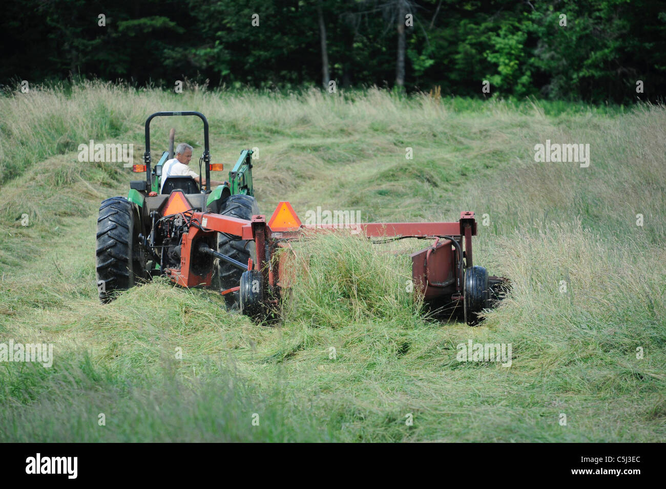 farmer haying with tractor in feild Stock Photo