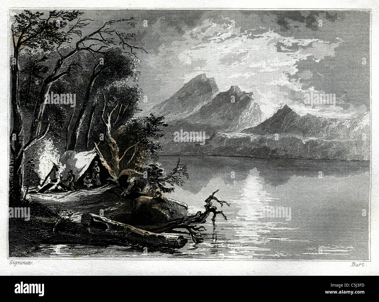 Lake Henderson - Adirondack Mountain scene from 'The Adirondack; or Life in the Woods' by J. T. Headley, 1849 Stock Photo