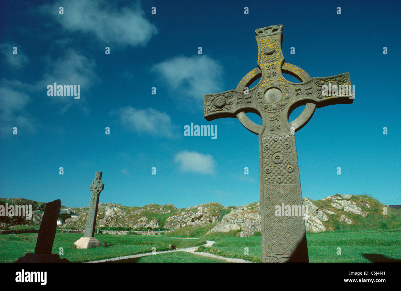 Ancient Celtic crosses on the island of Iona, western Scotland, UK