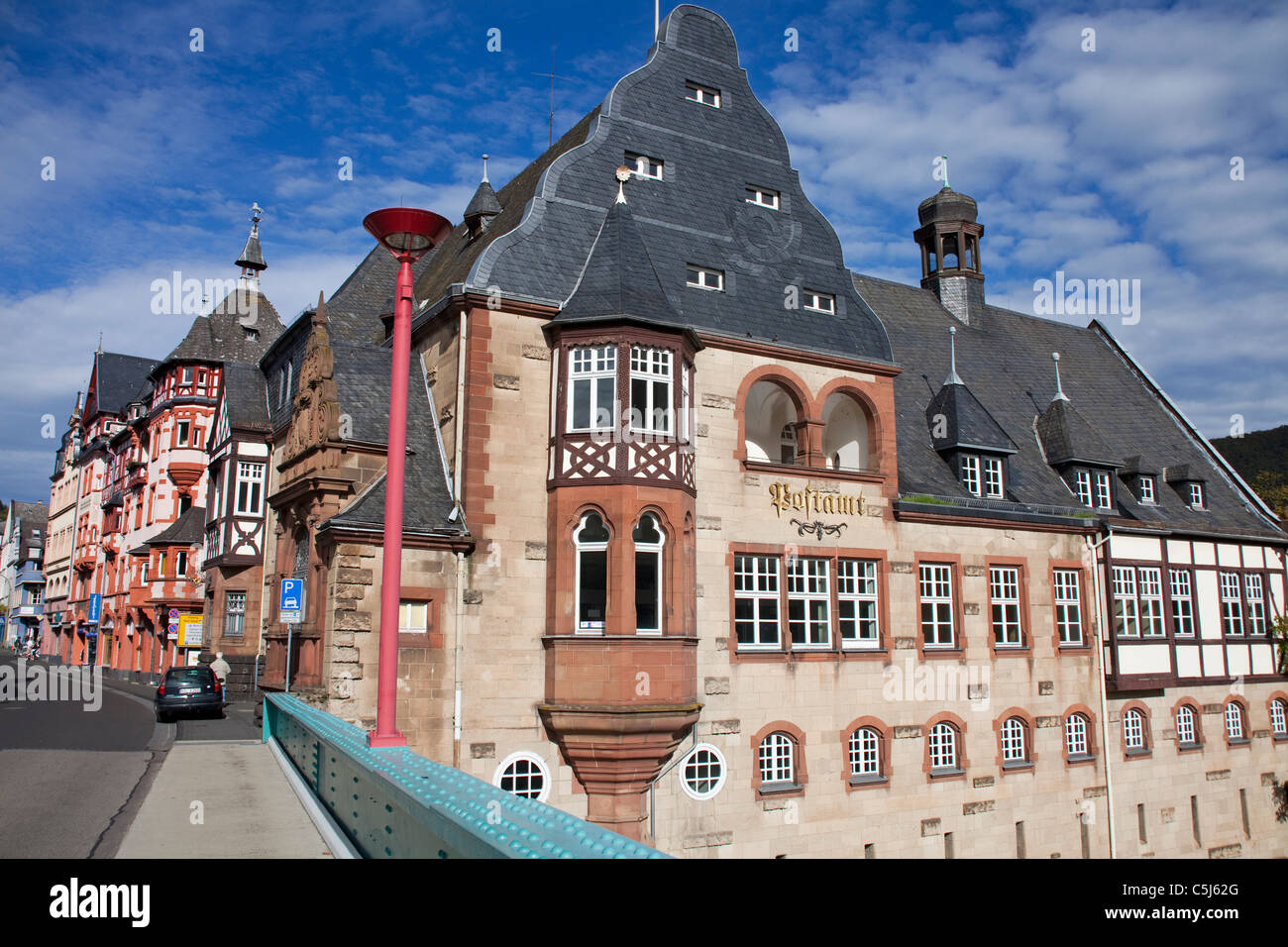 Altes historisches Postamt an der Moselbruecke, Traben-Trarbach, Mosel, Old mail office at the Mosel bridge, Moselle Stock Photo