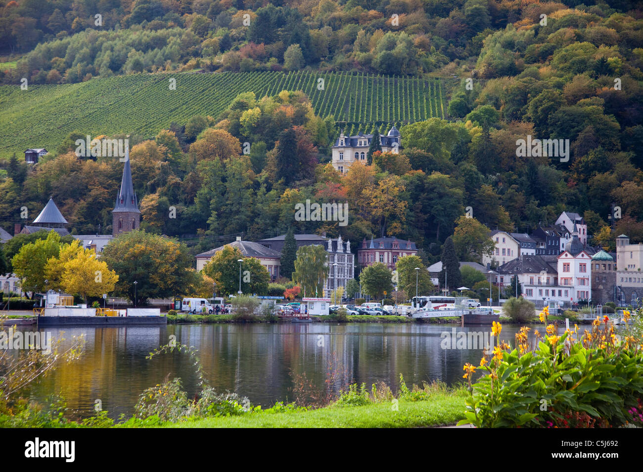 Herbstimmung am Moselufer, Traben-Trarbach, Mosel, Houses at the Riverbank, autumn, Traben-Trarbach, Moselle Stock Photo