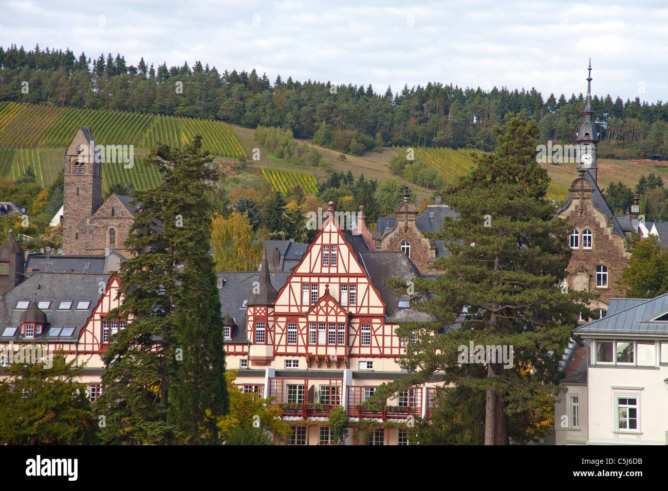 Herbstimmung am Moselufer, Traben-Trarbach, Mosel, Houses at the Riverbank, autumn, Moselle Stock Photo
