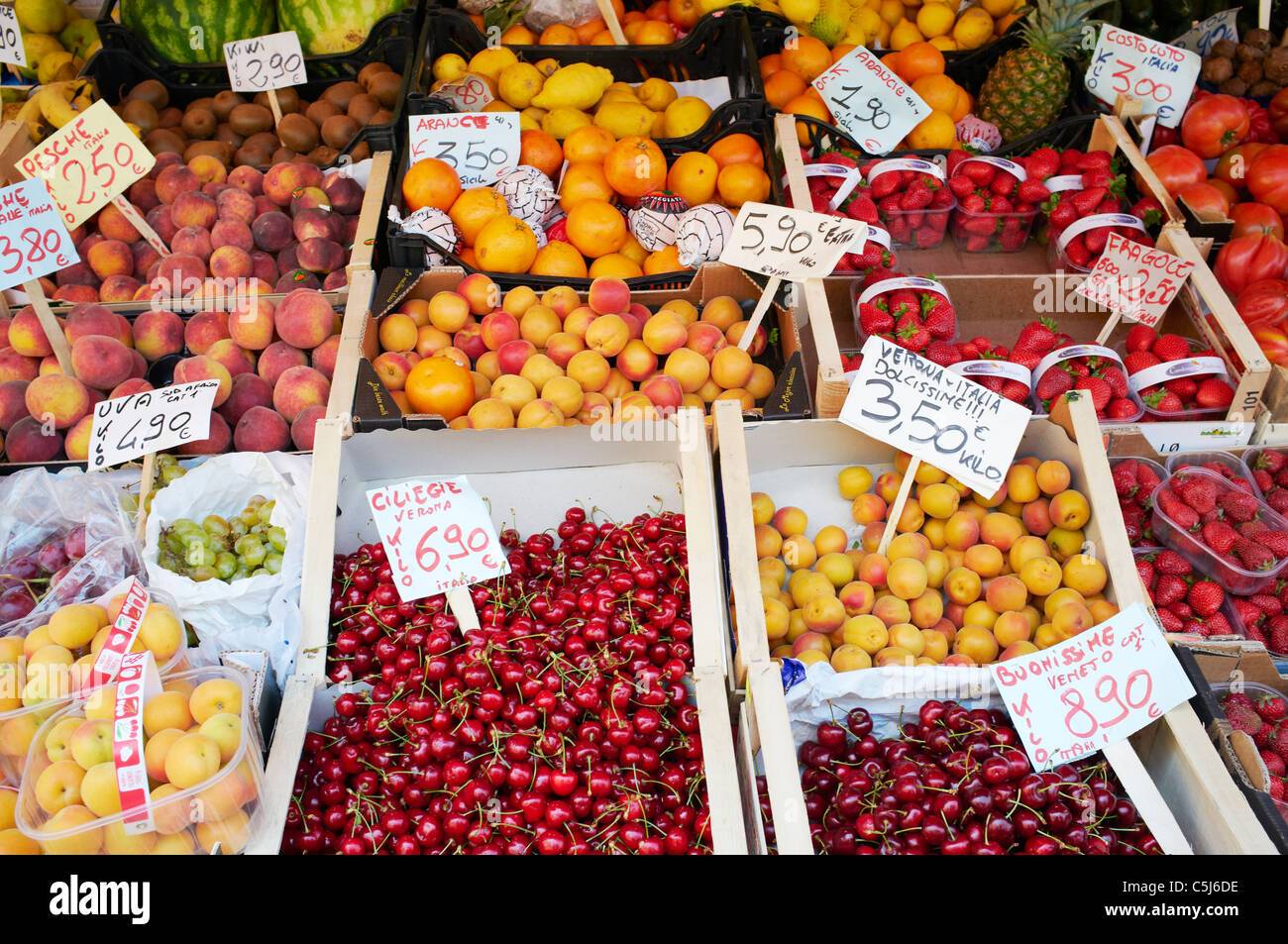 VENICE, VENETO, ITALY - MAY 26: Fruit for sale on Rialto market. May 26, 2011 in Venice, Veneto, Italy Stock Photo