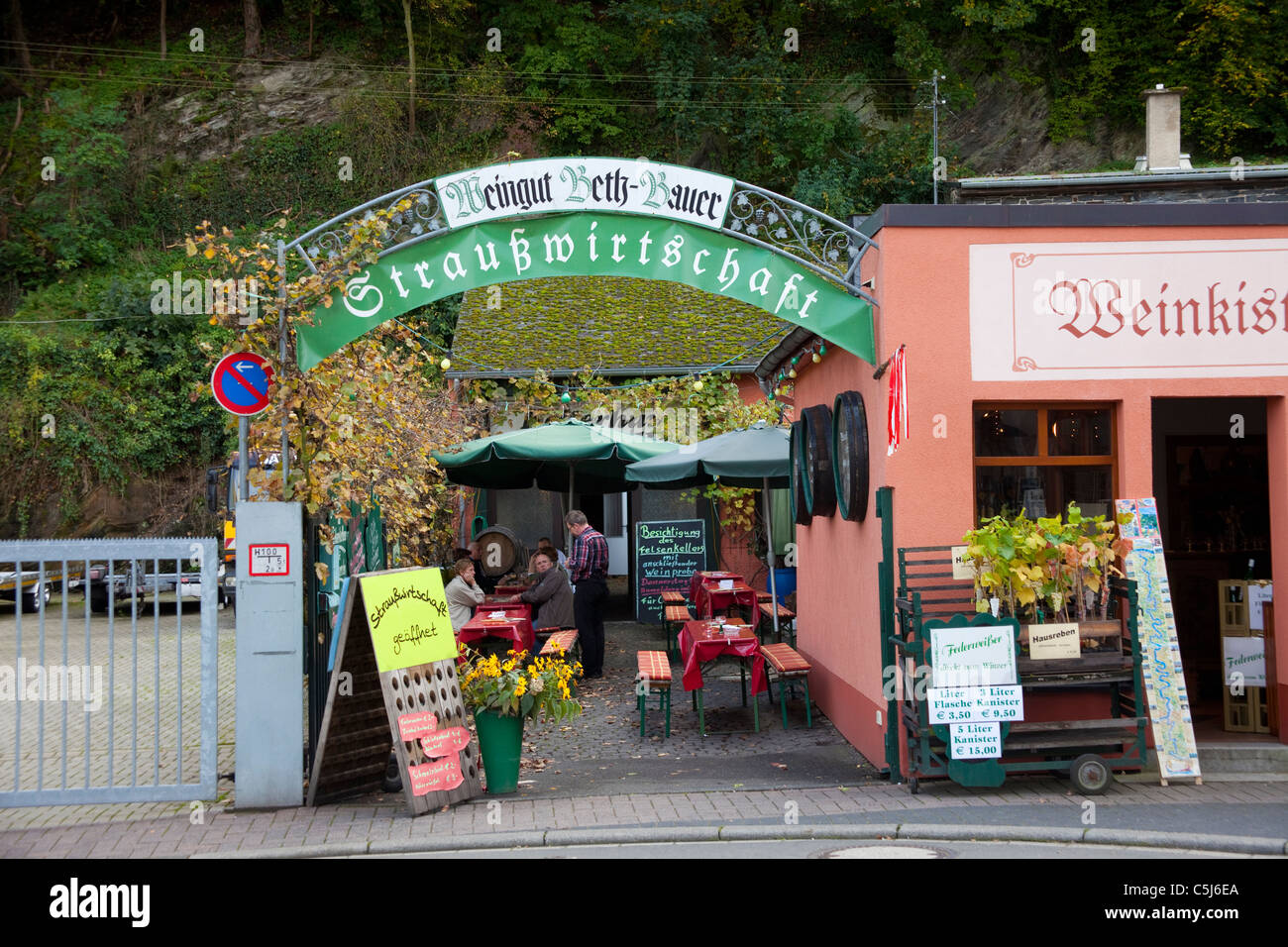 Strausswirtschaft in Traben-Trarbach, Mosel, Vintager opens seasonal a wine tavern and sells their products directly, Moselle Stock Photo