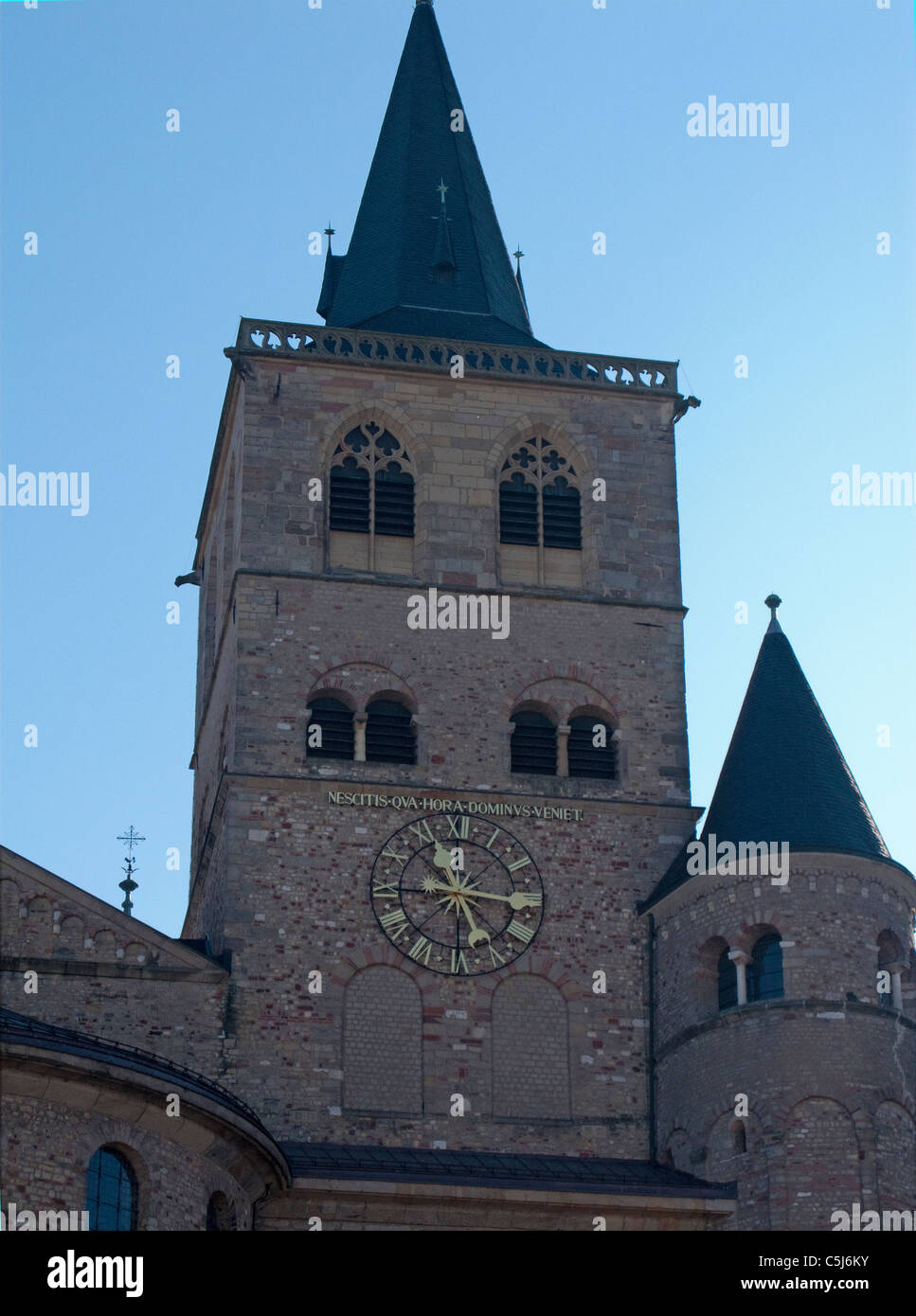 Detail, Turm mit Domuhr, Hohe Domkirche St. Peter zu Trier, Tower with clock, Cathedral of Trier, Saint Peter, dome Stock Photo