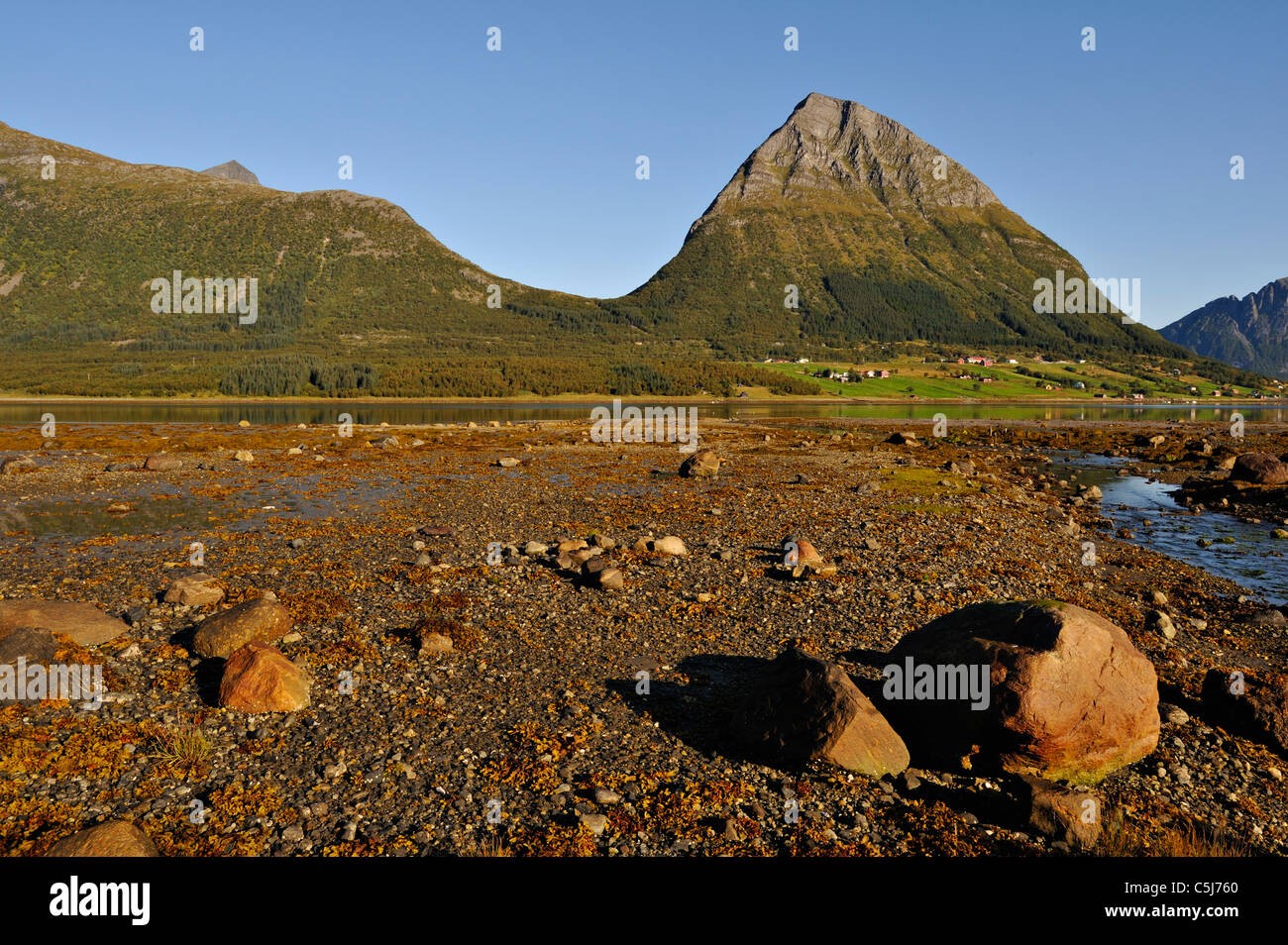 The island of Aldra with the Hjarttinden peaks from the shore at Haugland, north-west Norway. Stock Photo