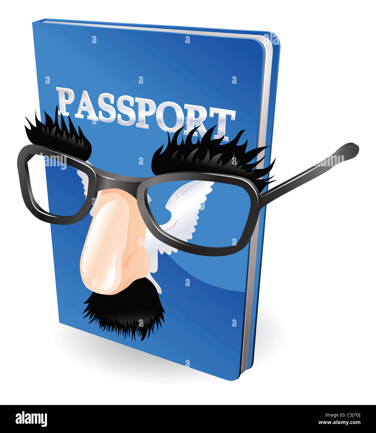 Identity theft concept. Passport wearing a disguise of fake glasses and nose. Stock Photo