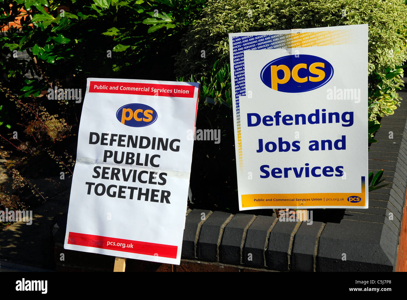 PCS placards on picket line during strikes against public sector cuts, Southampton, Hampshire, UK. 30 June 2011. Stock Photo