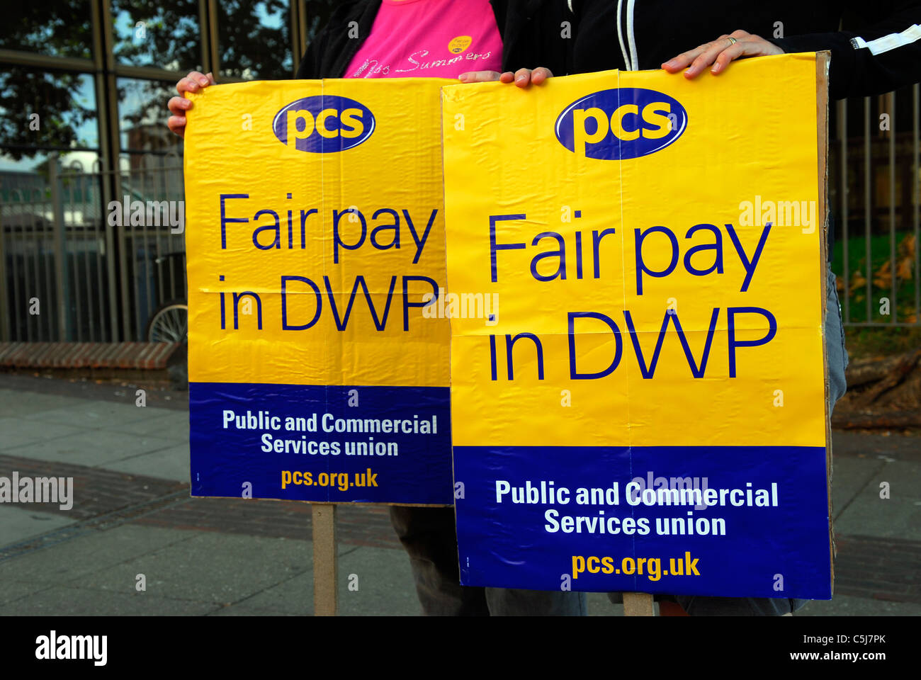 PCS placards on picket line during strikes against public sector cuts, Southampton, Hampshire