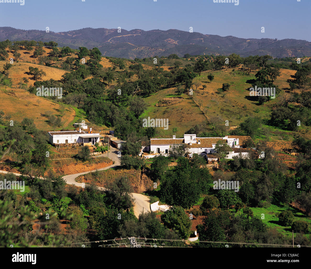 Farming township tucked away in a valley in the hills behind Faro, Algarve, Portugal; in a rolling green landscape with distant Stock Photo
