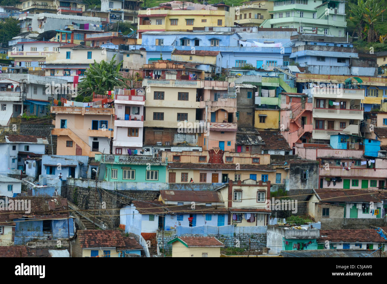 India, Tamil Nadu, Coonoor. Colourful housing in Coonoor. Stock Photo