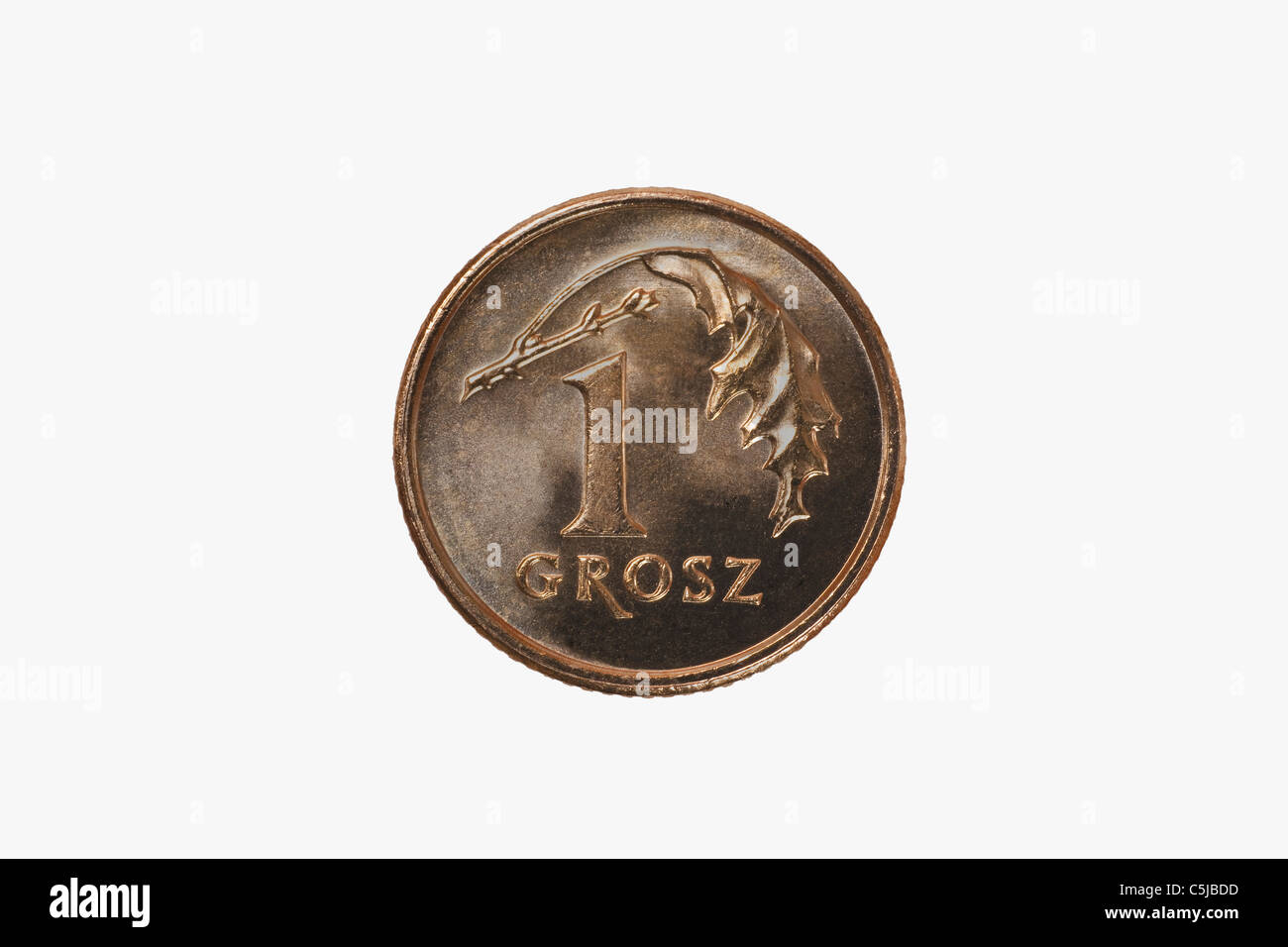 Detailansicht der kleinsten polnischen Münze 1 Grosz | Detail photo of the smallest polish coin, 1 Grosz Stock Photo