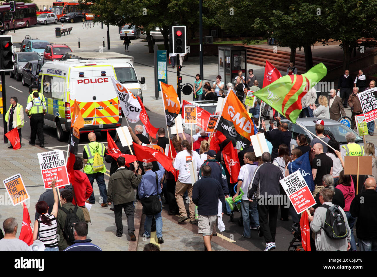 A demonstration in Derby supporting Derby based Bombardier after the Thames Link train building contract was awarded to Siemens. Stock Photo