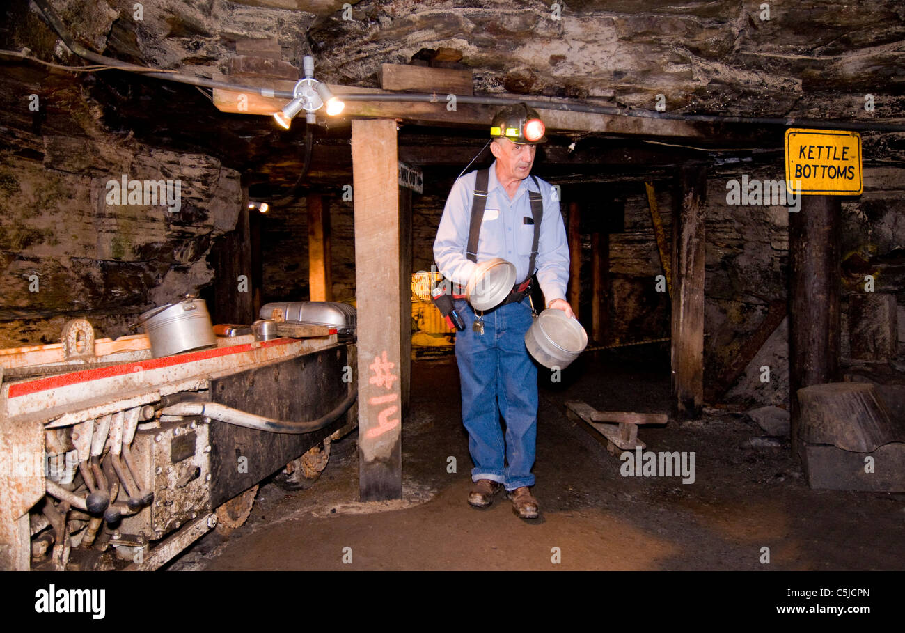 Miner conducting a mine tour at the Beckley Exhibition Coal Mine in Beckley. West Virginia Stock Photo