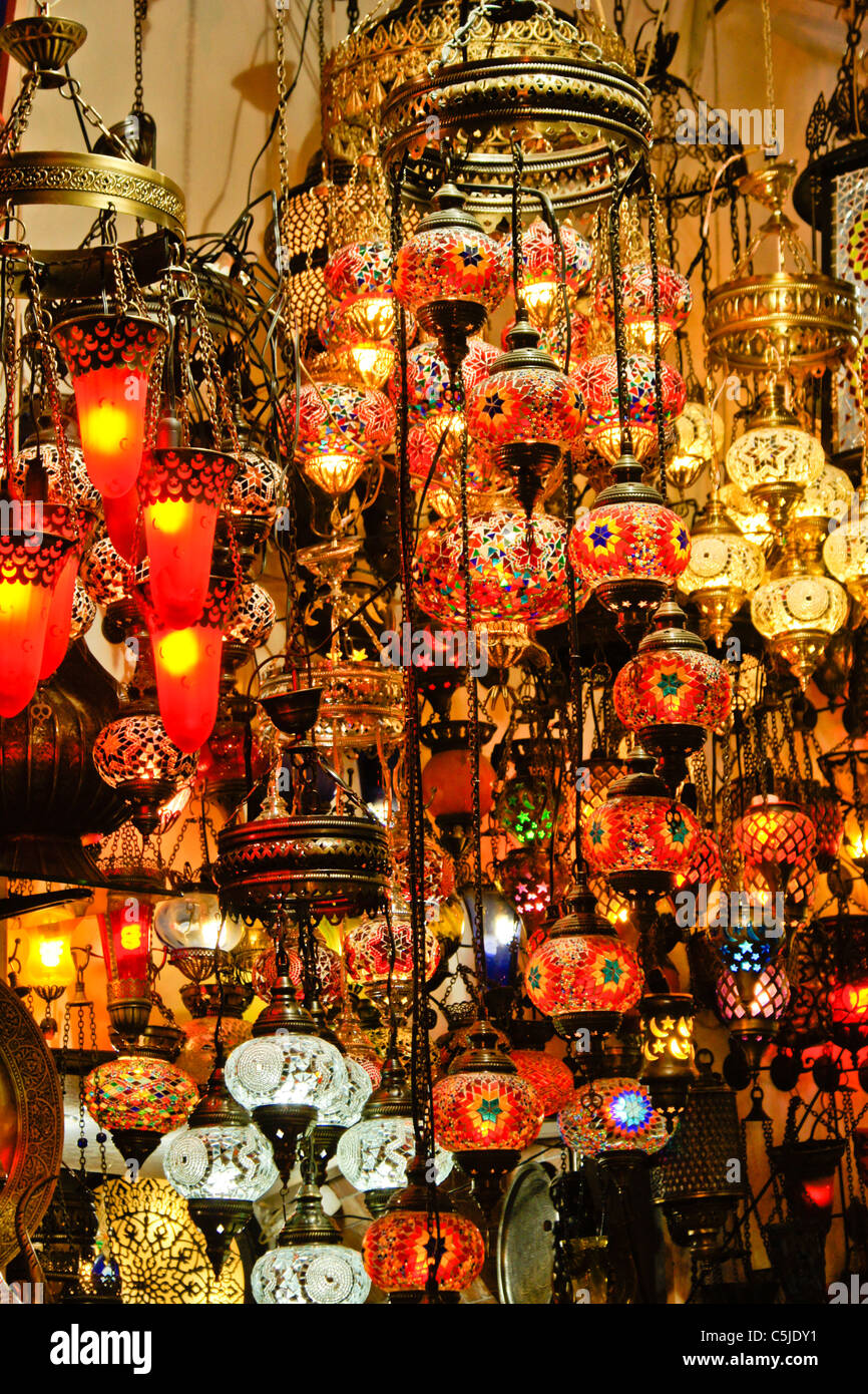 Colorful hanging lamps in Grand Bazaar, Istanbul, Turkey Stock Photo