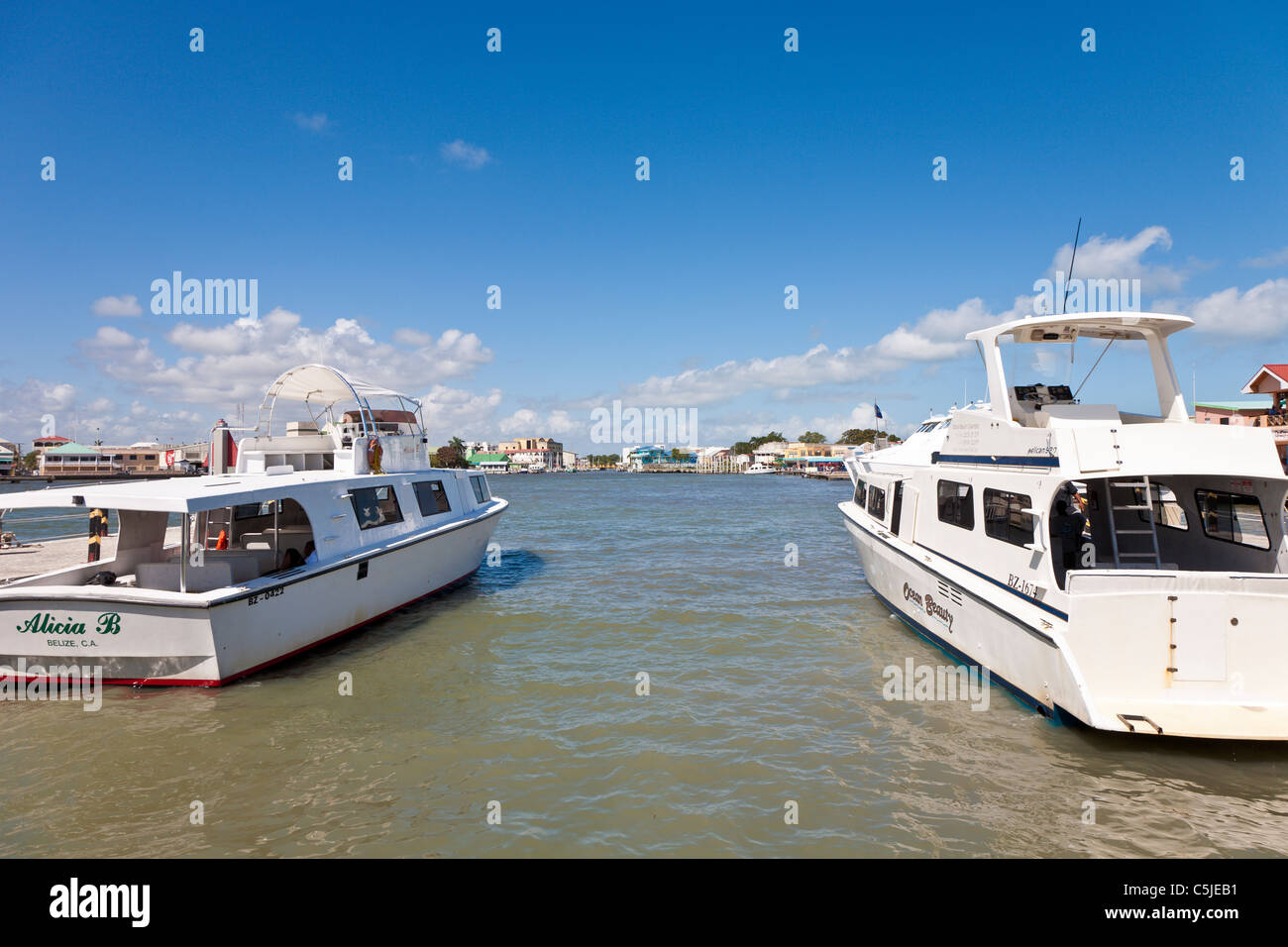 Two tender boats at docks in Belize City, Belize Stock Photo Alamy