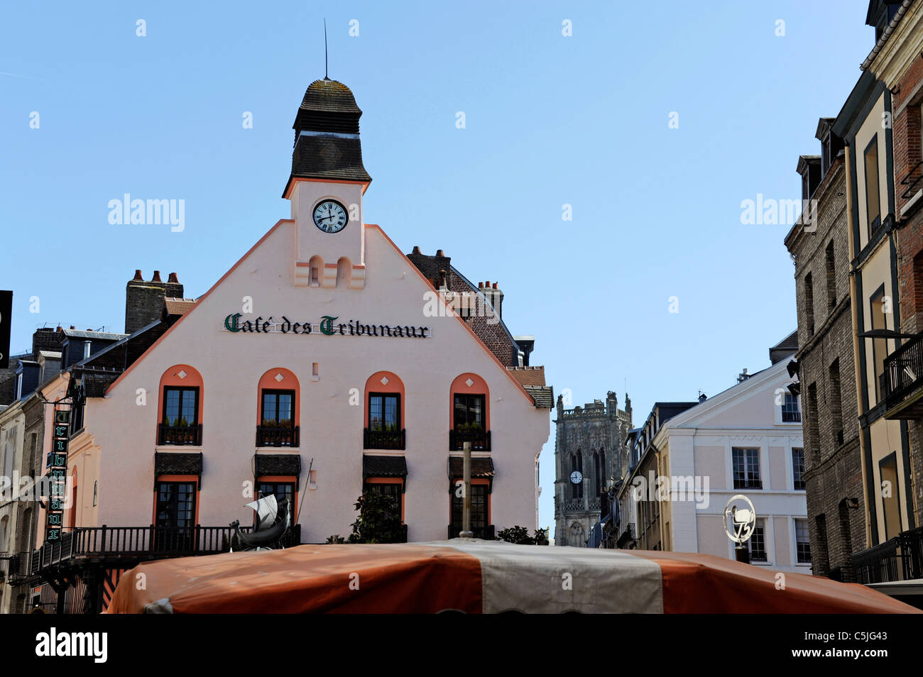Market in old town,Cafe des Tribunaux,Dieppe,Seine -Maritime,Normandy,France Stock Photo